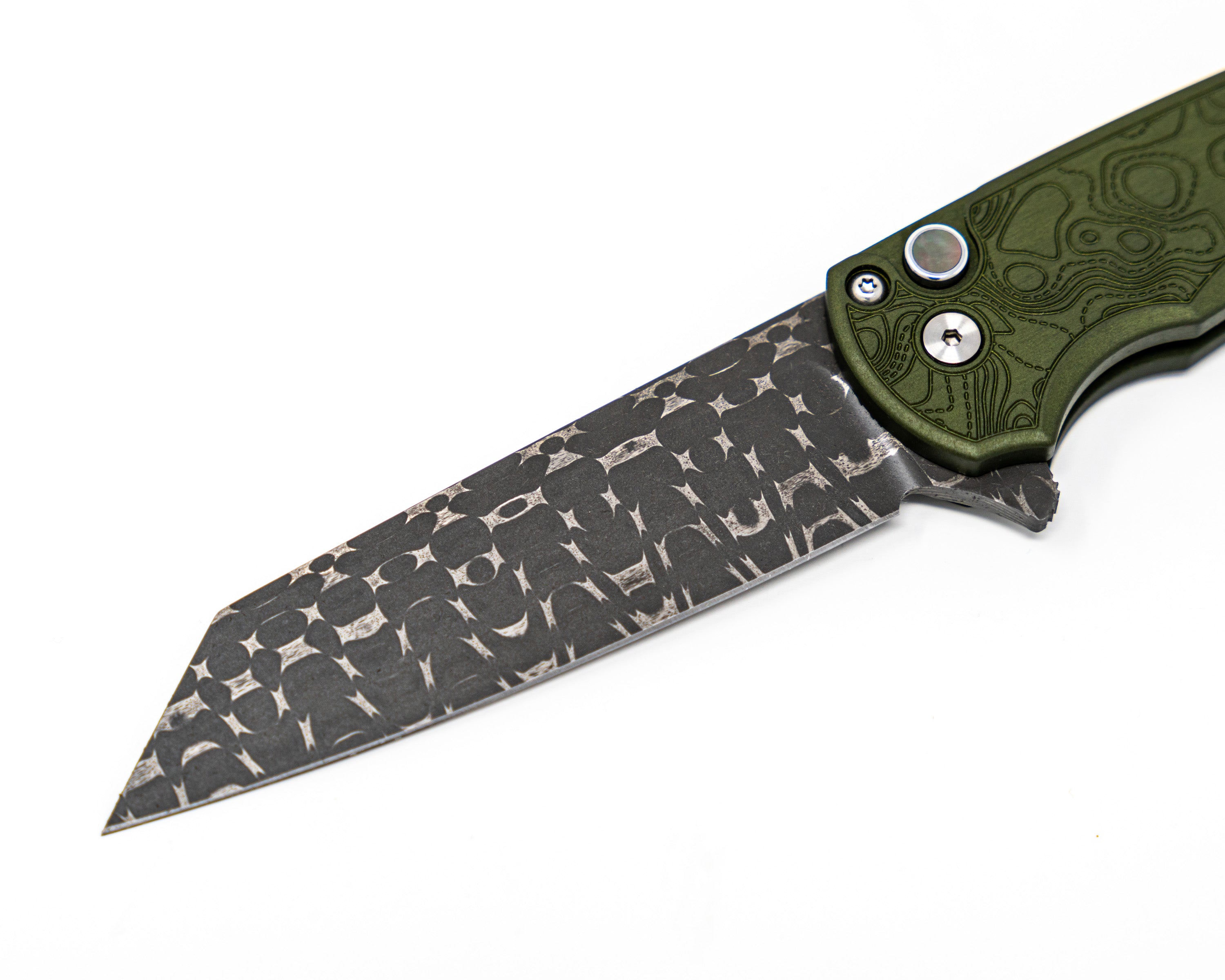 Pro-Tech Malibu Damascus Green Topo Side View Of Blade