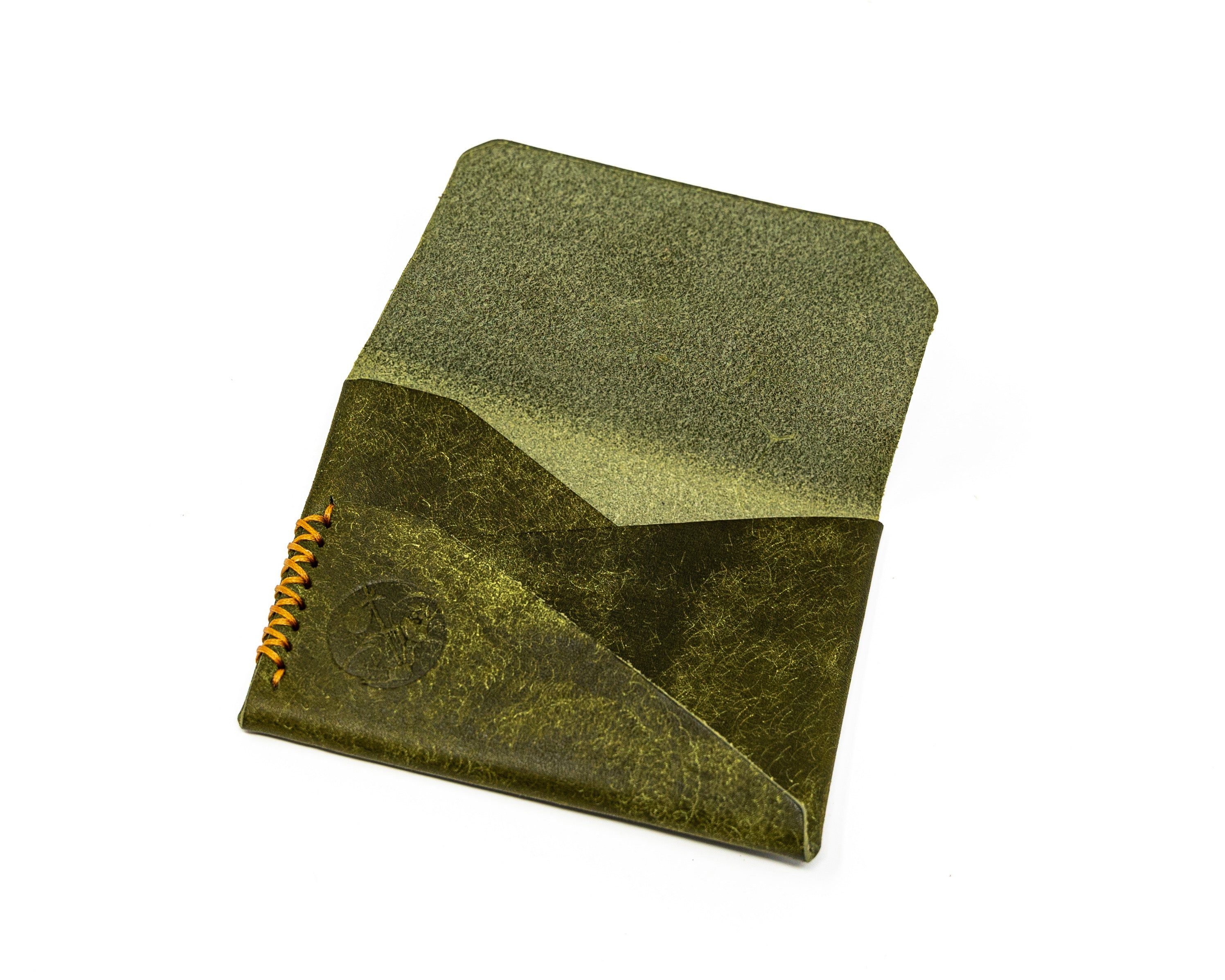 Carry Commission / Open Sea Leather Gun Deck Mini in olive open from overhead view on white background