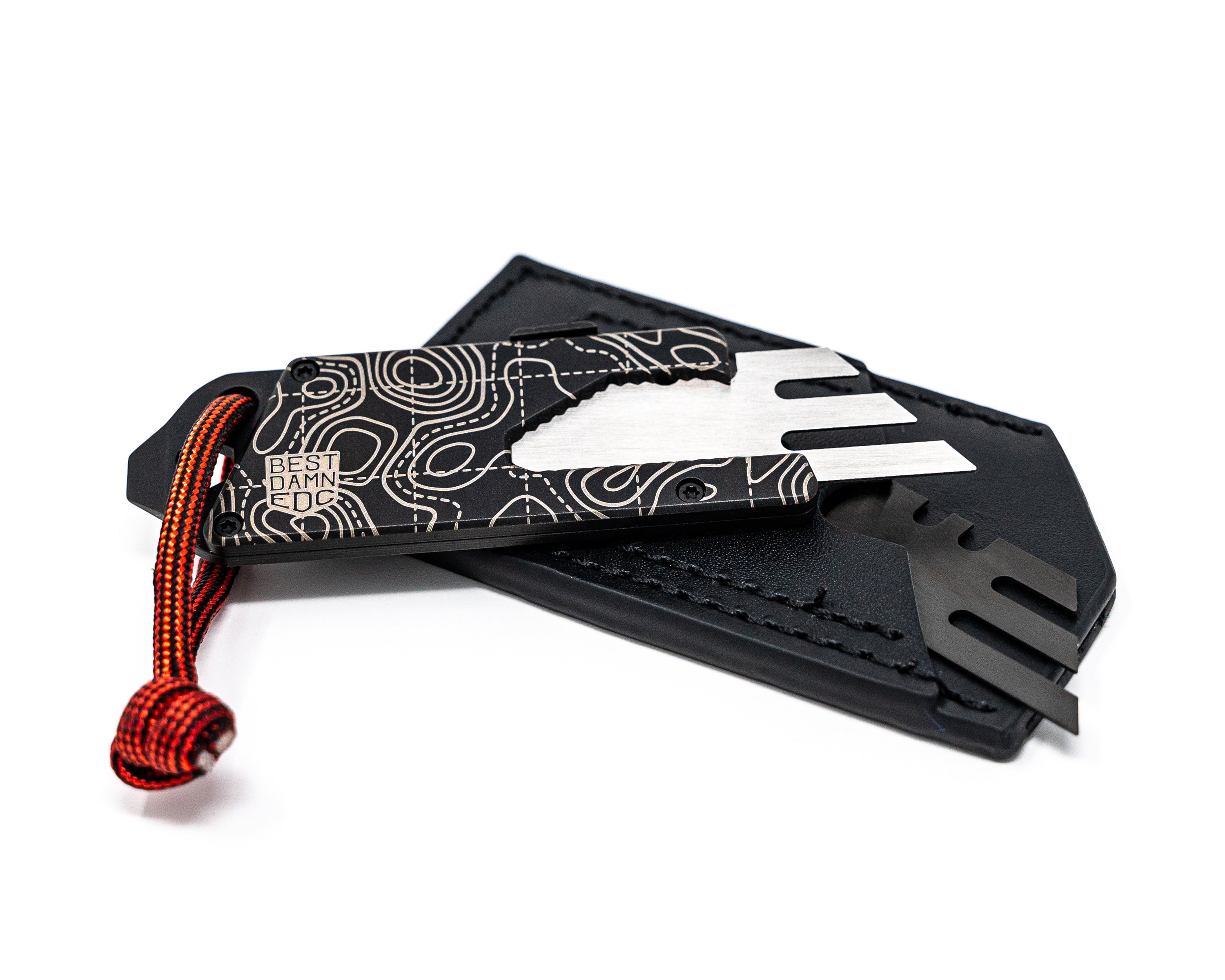 Overhead front angle view of Best Damn EDC TPT Slide Box Cutter Tool in Black Topo