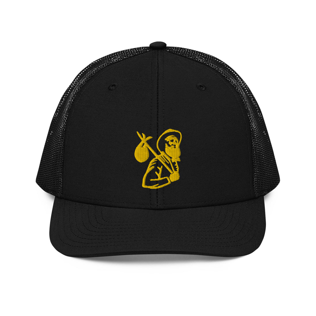 Front view of black trucker cap with Carry Commission logo of man holding bindle on shoulder in gold.