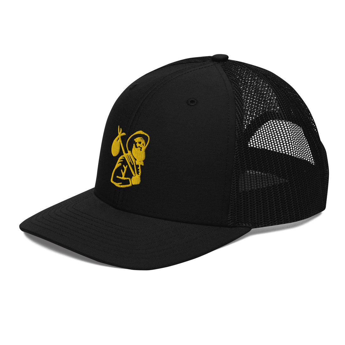 Front right view of black trucker cap with Carry Commission logo of man holding bindle on shoulder in gold.