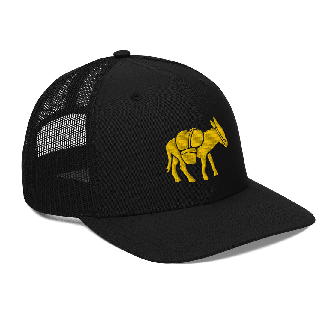 Left side view of black trucker cap with donkey logo in gold