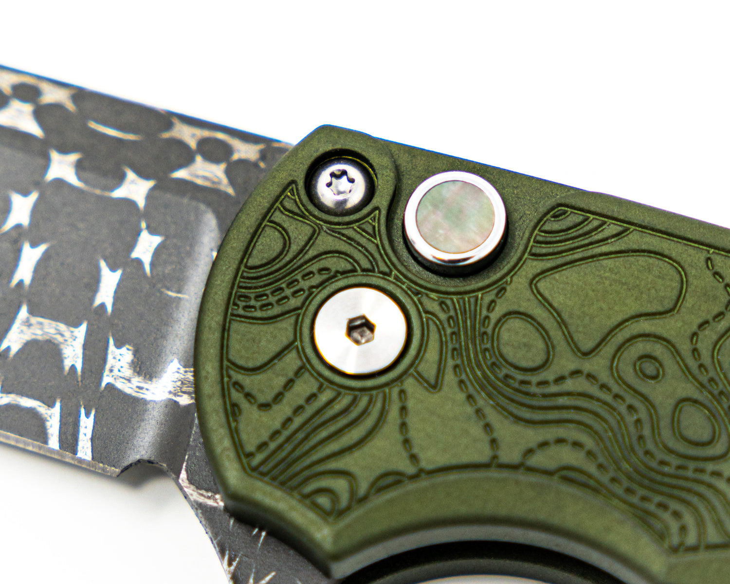 Pro-Tech Malibu Damascus Green Topo Close Up View Of Handle &amp; Blade