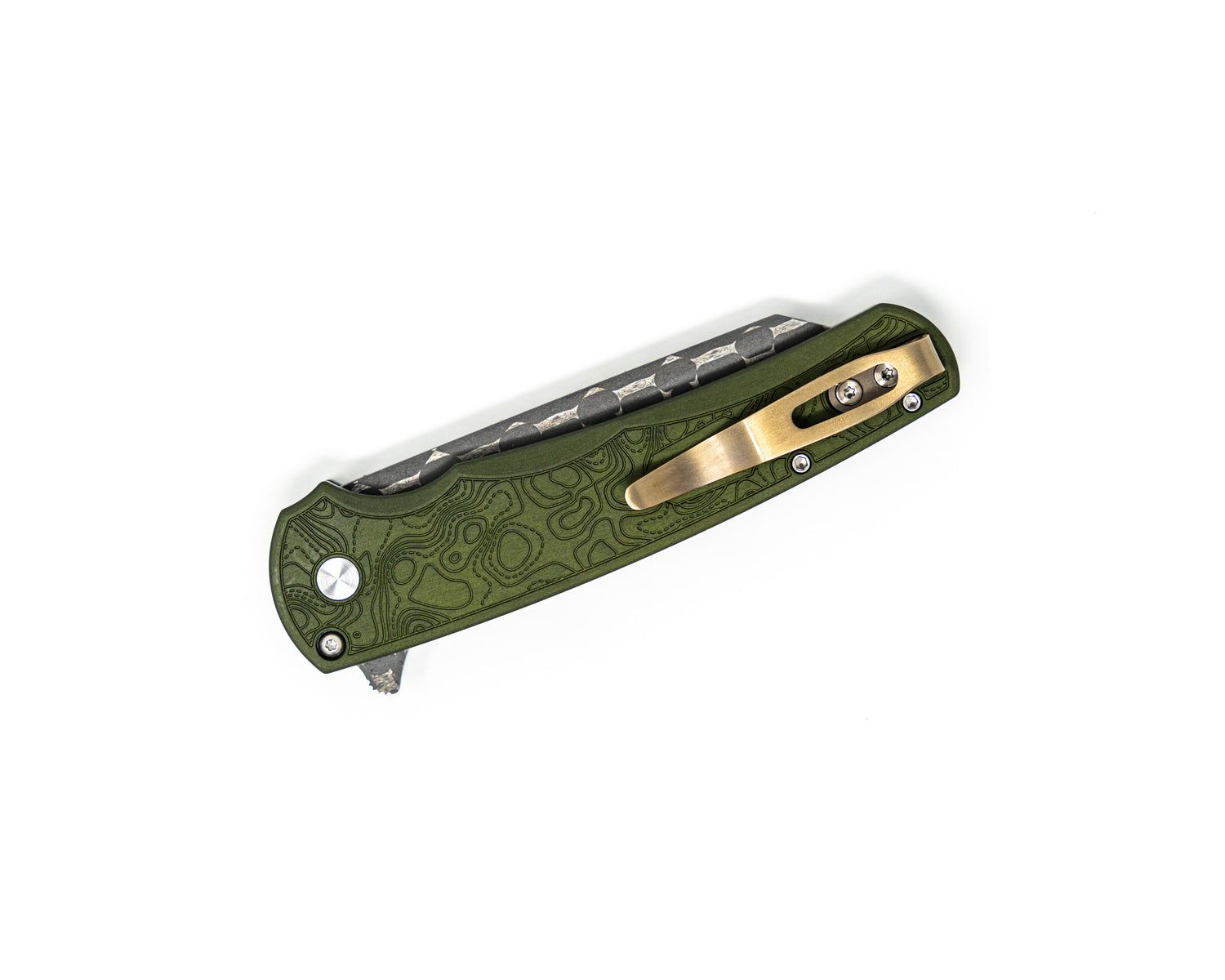 Pro-Tech Malibu Damascus Green Topo Backside View Of Folded Knife