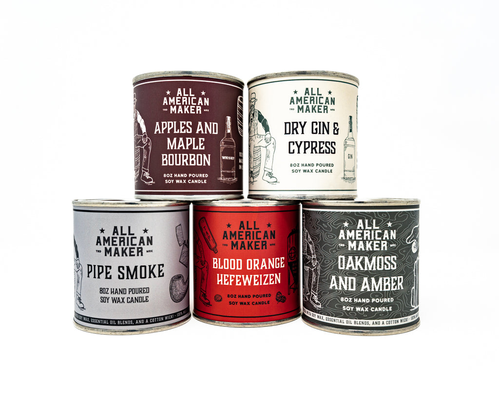 Front view of 5 different All American Maker Candles