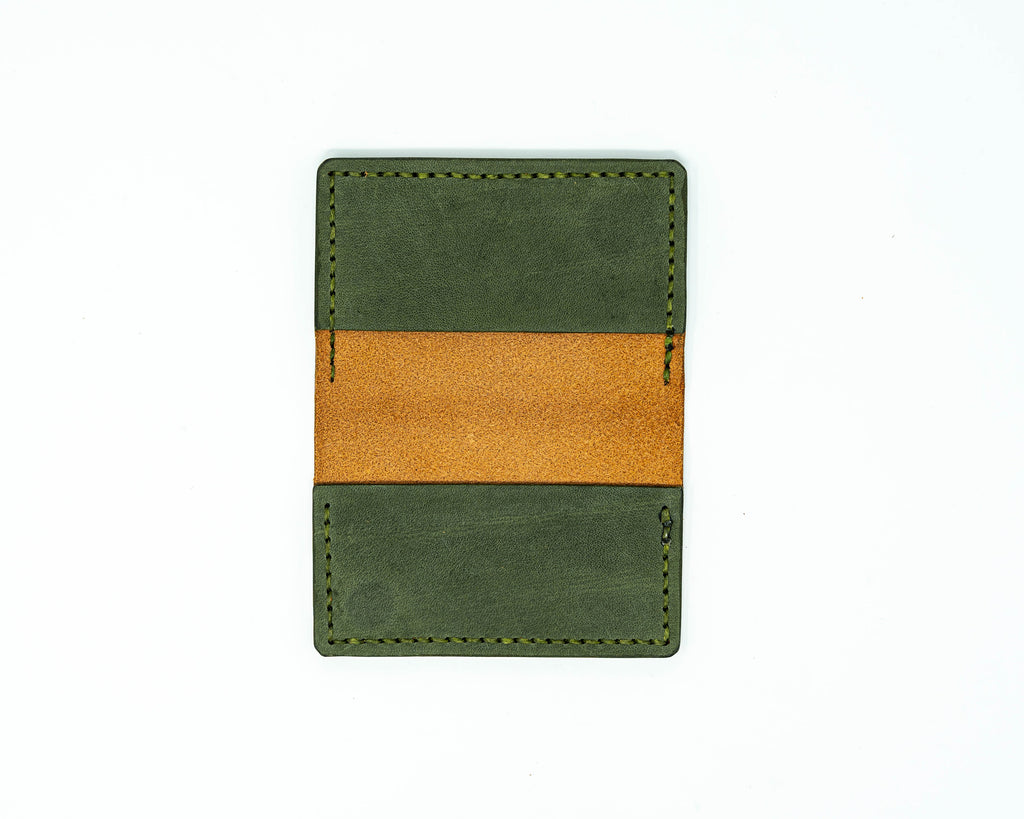 Overhead view of open bifold wallet on a white background
