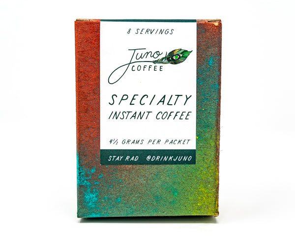 Front of Juno Coffee Specialty Instant Coffee hand painted box.