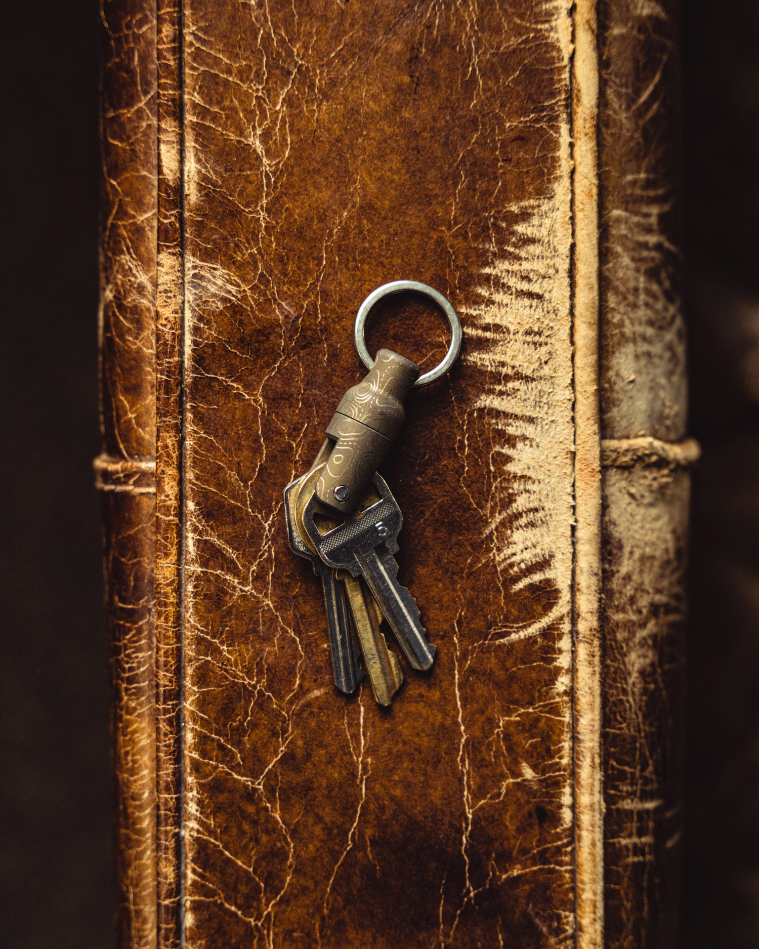 Carry Commission / Urban Carvers Keyper MQR Bronze Topo side view with keys on a distressed dark leather backround