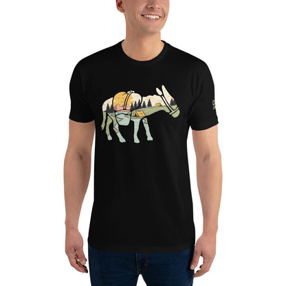 Front view of mean wearing a black t-shirt featuring a camping landscape scene contained inside a donkey silhouette on a white background.