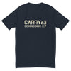 Front side of black Carry Commission T-shirt sporting the lettering and man holding bindle on shoulder.