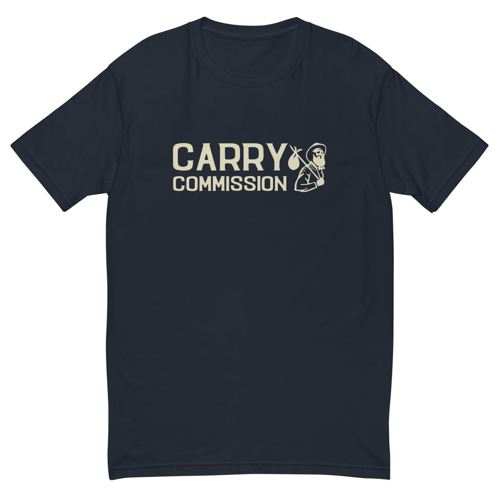 Front side of black Carry Commission T-shirt sporting the lettering and man holding bindle on shoulder.