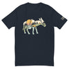 Front view of navy color t-shirt featuring a camping landscape scene contained inside a donkey silhouette on a white background