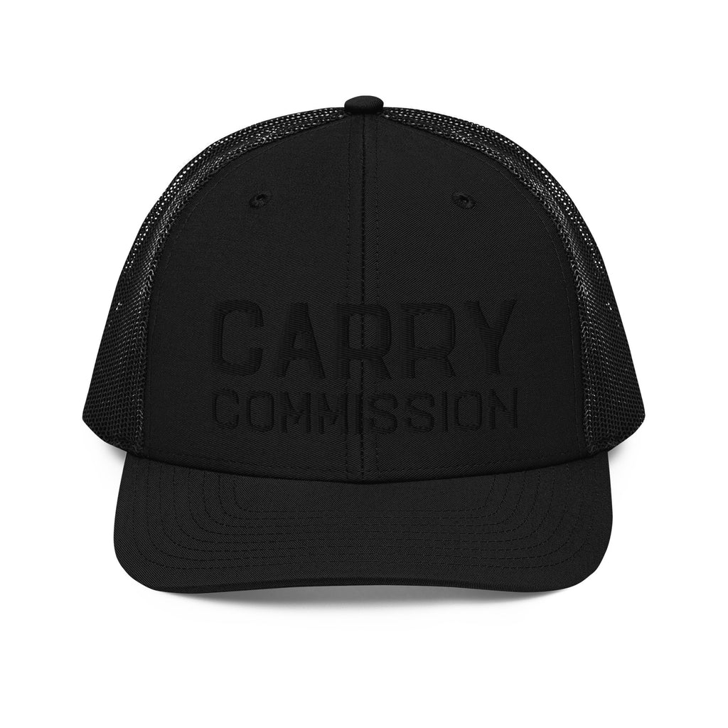 Front view of black trucker cap with black thread Carry Commission Logo