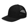 Front right view of black trucker cap with black thread Carry Commission Logo