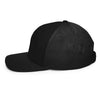 Right side view of black trucker cap with black thread Carry Commission Logo