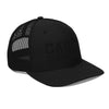 Front left view of black trucker cap with black thread Carry Commission Logo